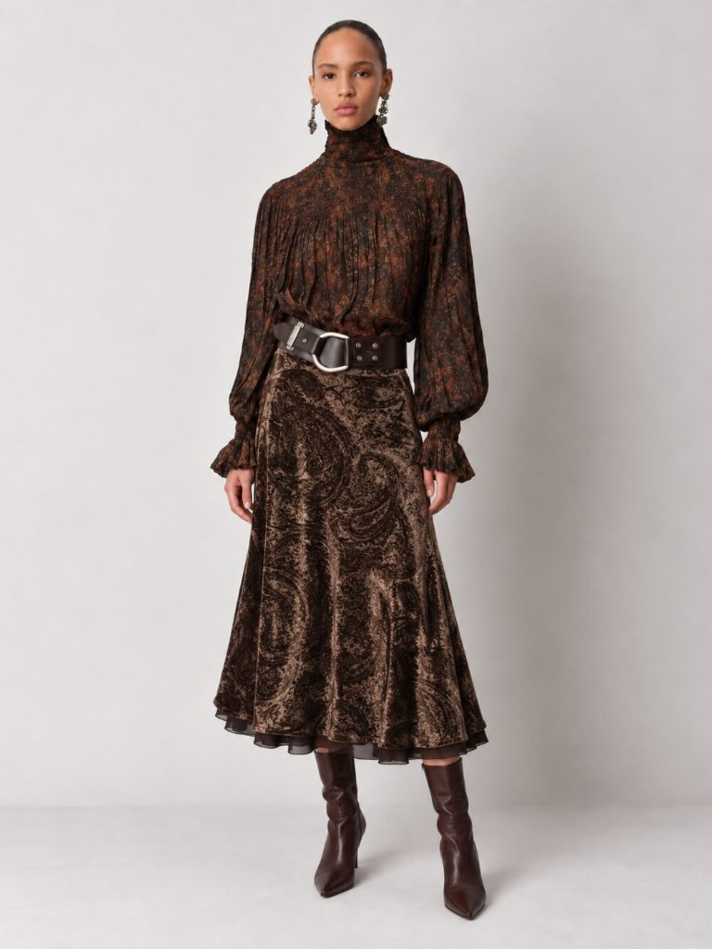 Vintage Silk Ralph Lauren Chocolate Brown Paisley Velvet Midi Skirt